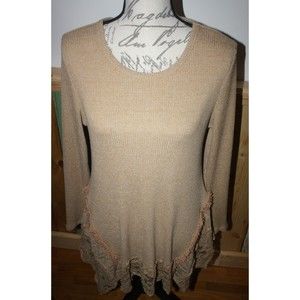 Kori America Womens Tan LS Eyelash Lace Hankerchief Hem Tunic Top Size M
